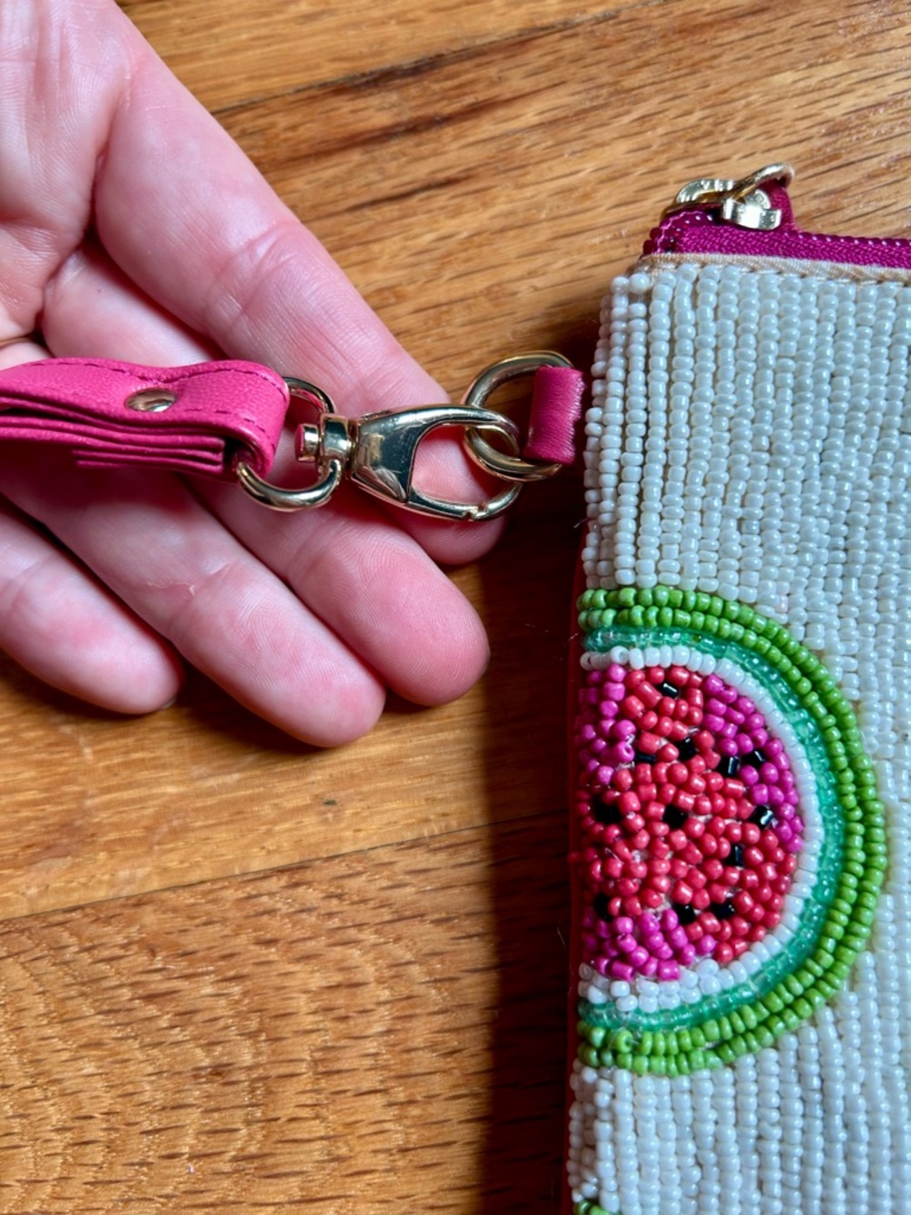 Chico's Pink & Green Watermelon Fruit Beaded Boho Wristlet Clutch Summer Fun - Picture 8 of 12